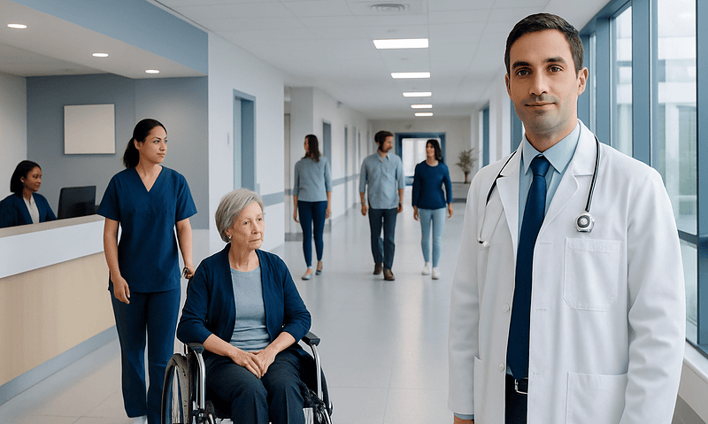 Medical team with a doctor and elderly patient in hospital corridor.
