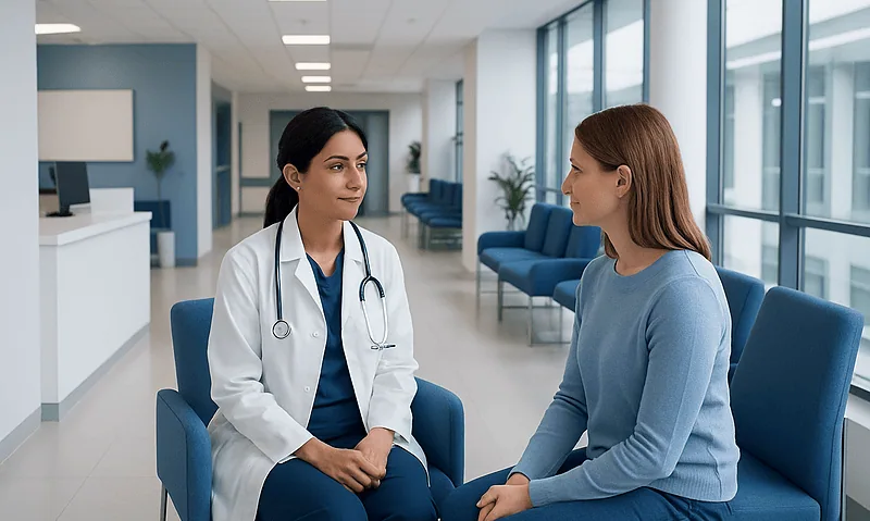 Doctor consulting with a patient in a modern hospital waiting area.