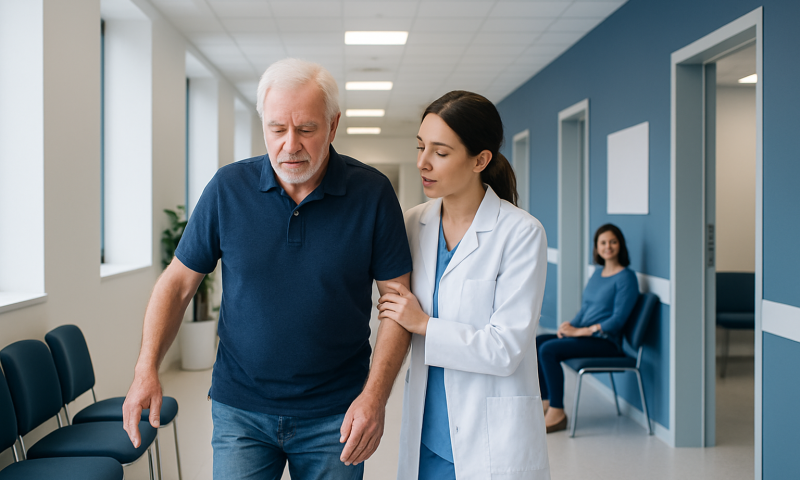 Balance Therapy: How It Works, Results and What to Expect 18 Senior man receiving support from a healthcare professional in a hospital corridor.