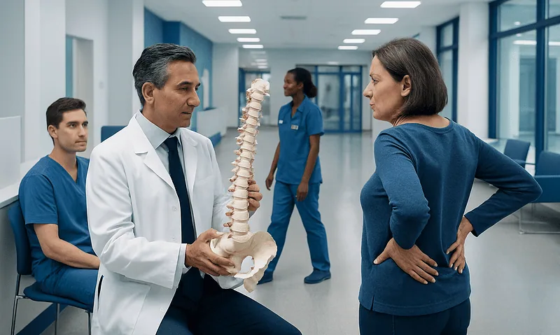 Doctor explaining spinal anatomy to a patient in a hospital corridor.