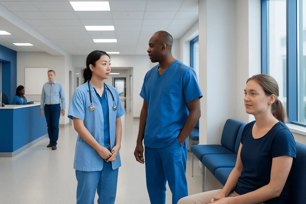Biodegradable Sunblock: A Complete Medical Overview 1 Medical team discussing patient care in hospital corridor.