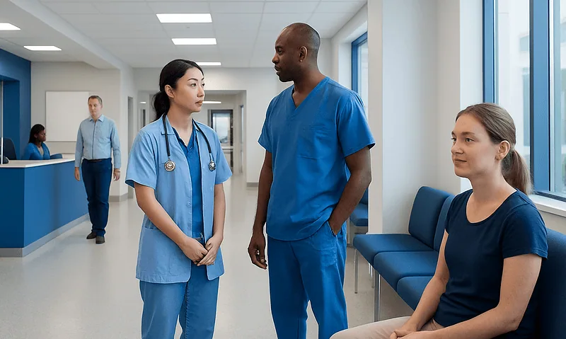 Medical team discussing patient care in hospital corridor.