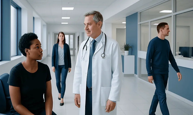 Doctor consulting a patient in a modern hospital corridor.