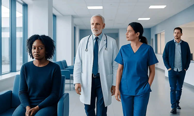 Diverse group of medical professionals and patient in hospital corridor.