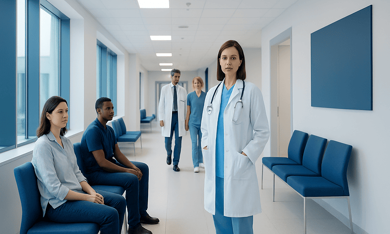 Medical team in hospital corridor with patients waiting.