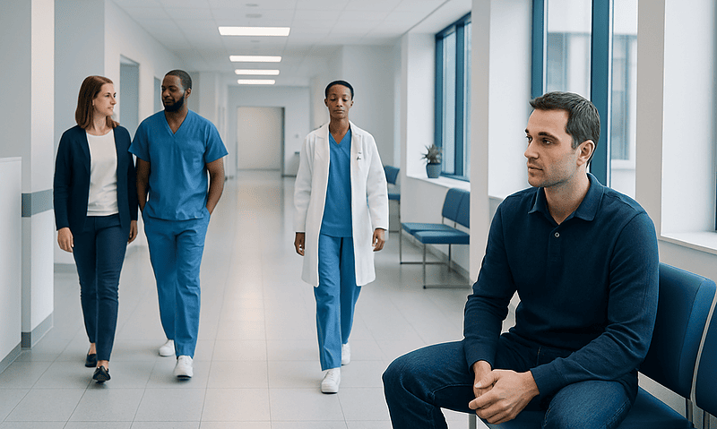 Patients and healthcare professionals in a hospital corridor.
