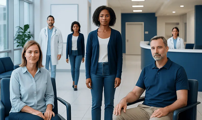 Diverse group of medical professionals in hospital lobby.