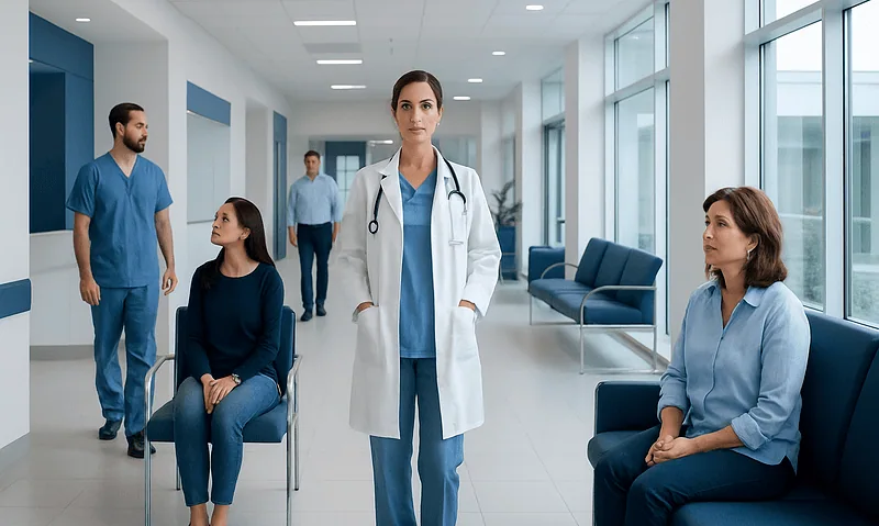 Medical team waiting area at Acibadem Hospitals Group with healthcare professionals and patients.