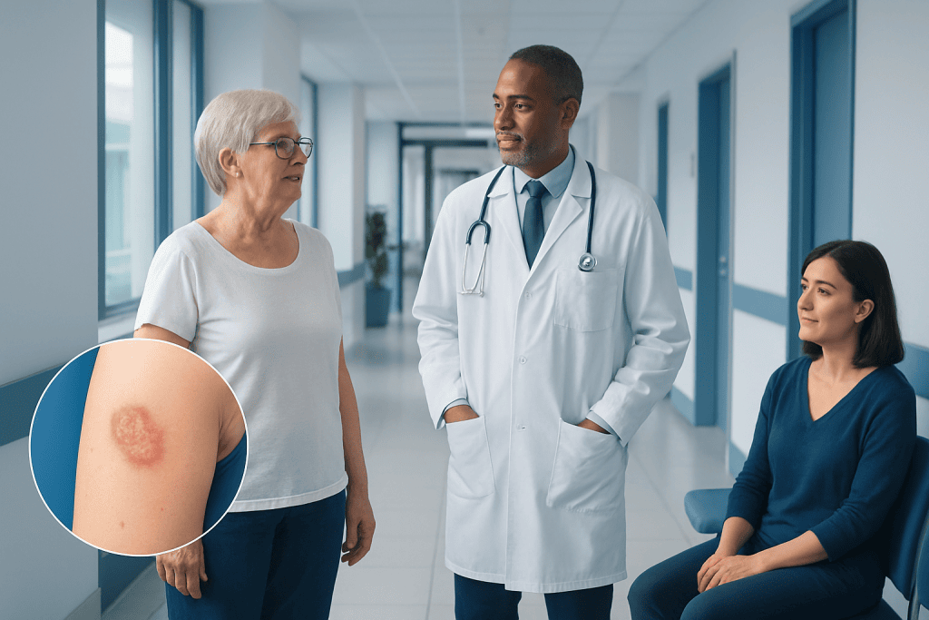 Bowens Disease: Early Signs, Risk Factors, and How It Is Treated 1 Doctor consulting elderly woman with skin lesion in hospital corridor.