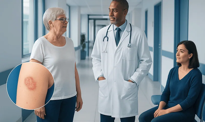 Doctor consulting elderly woman with skin lesion in hospital corridor.