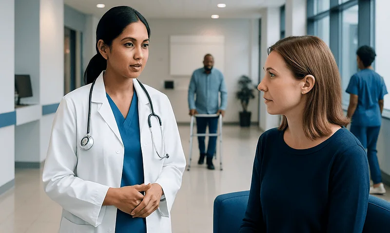 Doctor consulting a patient in a hospital corridor with medical staff in background.