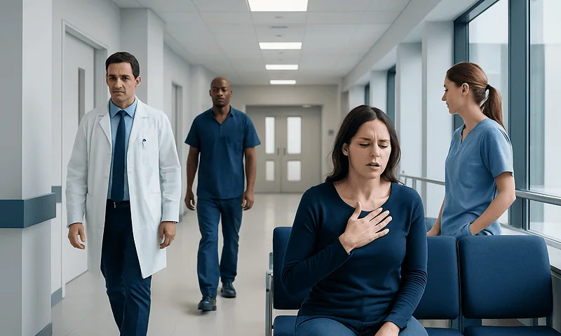 Patient experiencing chest discomfort in hospital corridor with medical staff nearby.