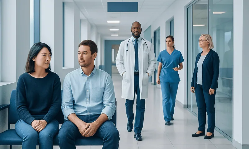 Medical team consulting patients in a hospital corridor.