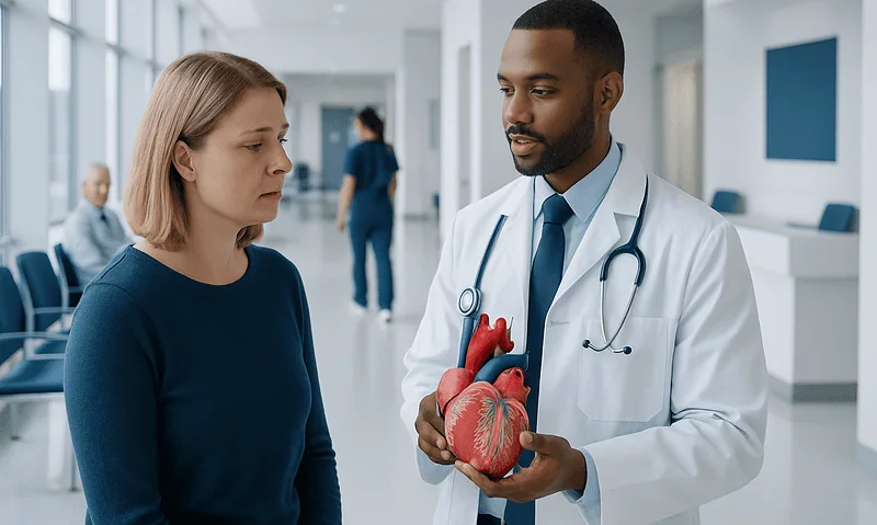 Doctor explaining heart health to a patient in hospital corridor.