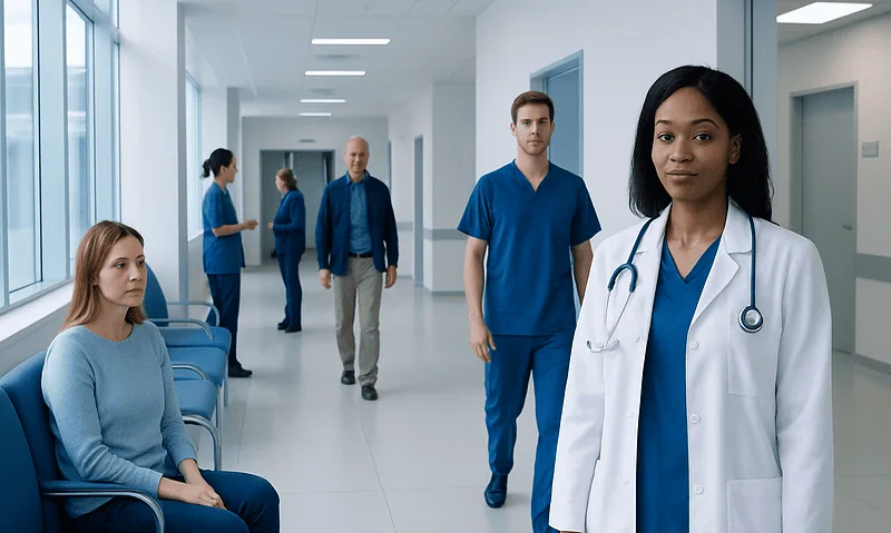 Healthcare professionals and patient in a modern hospital corridor.