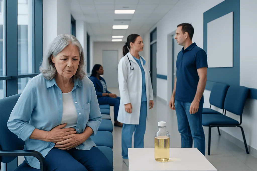 Castor Oil for Constipation: An Evidence-Based Guide for Patients 1 Elderly woman experiencing stomach pain in hospital corridor.