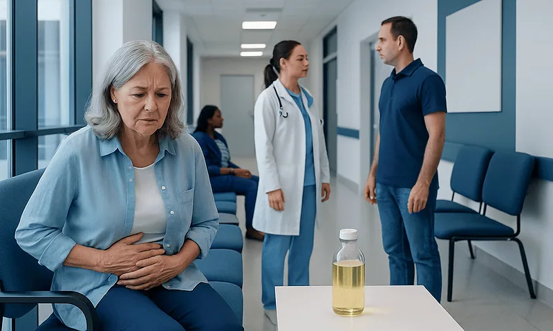 Elderly woman experiencing stomach pain in hospital corridor.