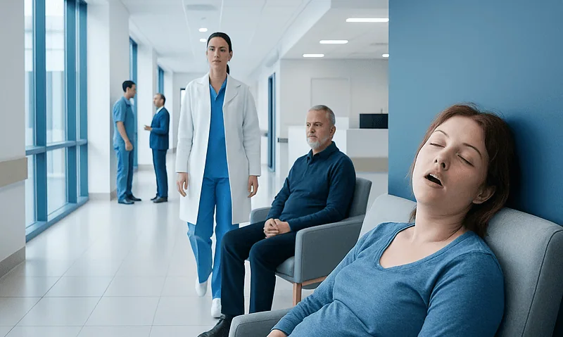Patient experiencing sleep disorder in hospital corridor with medical staff nearby.