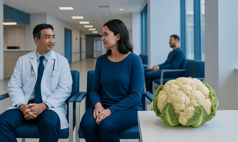 Doctor and patient in hospital waiting area with cauliflower on table.