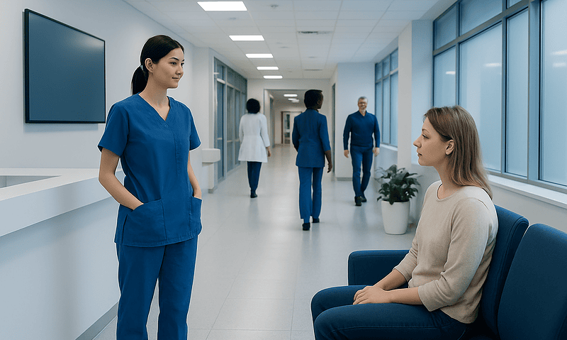 Healthcare professional and patient in hospital corridor at Acibadem Hospitals Group.