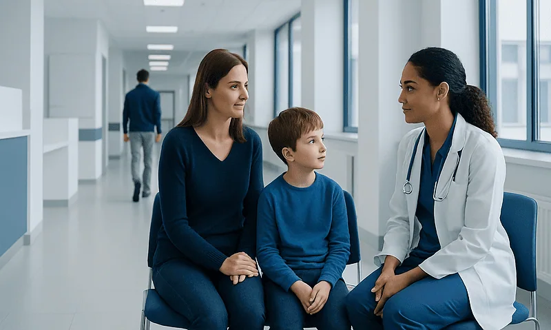 Doctor consulting with a mother and child in a hospital corridor.