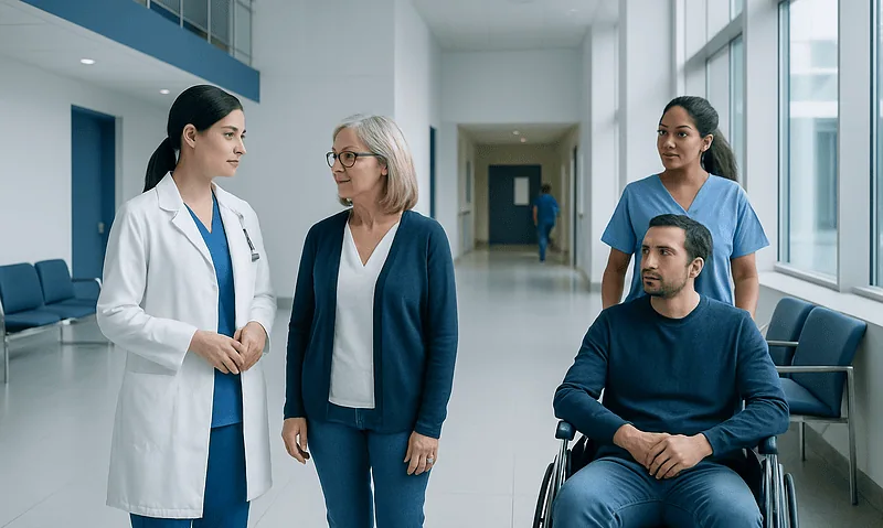 Medical team consulting with a patient in hospital corridor.