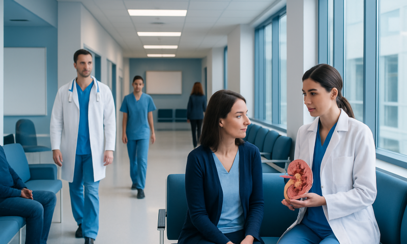 Medical professionals discussing kidney health in hospital corridor.