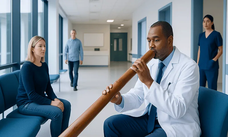 Circular Breathing: A Complete Medical Overview 6 Doctor playing didgeridoo for breathing therapy in hospital setting.