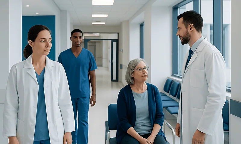 Medical team consulting with elderly patient in hospital corridor.