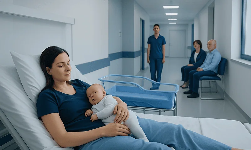 Mother with newborn in hospital room, medical staff in background.