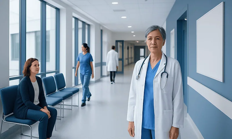 Experienced female doctor in hospital corridor with patients and staff.