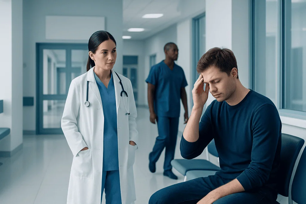Concussion Syndrome: Symptoms, Causes, and Treatment Options 1 Patient experiencing headache in hospital corridor with medical staff nearby.