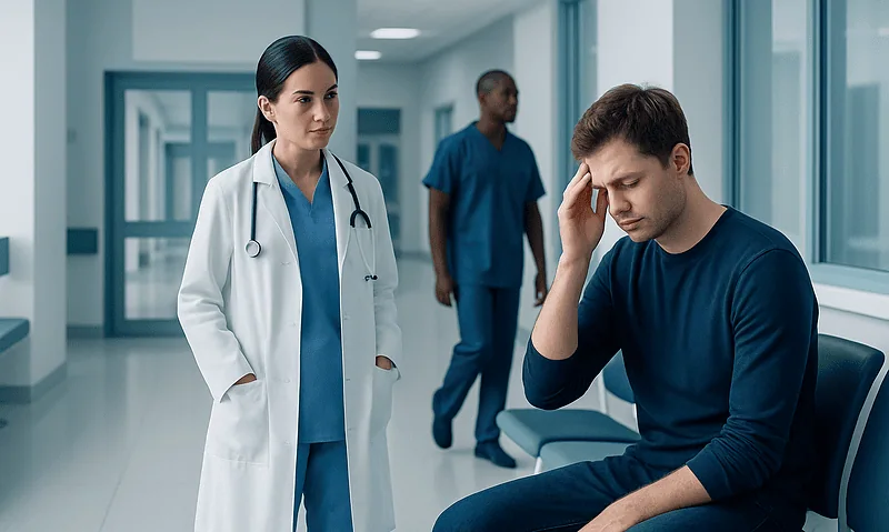 Patient experiencing headache in hospital corridor with medical staff nearby.
