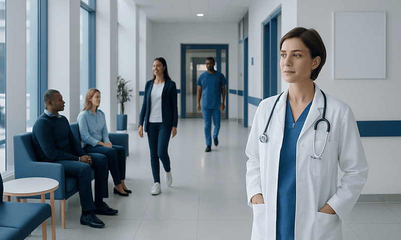 Healthcare professionals and patients in a modern hospital corridor.