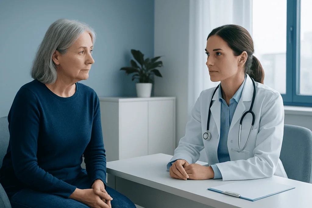 Doctor consulting with an elderly woman in a medical office.
