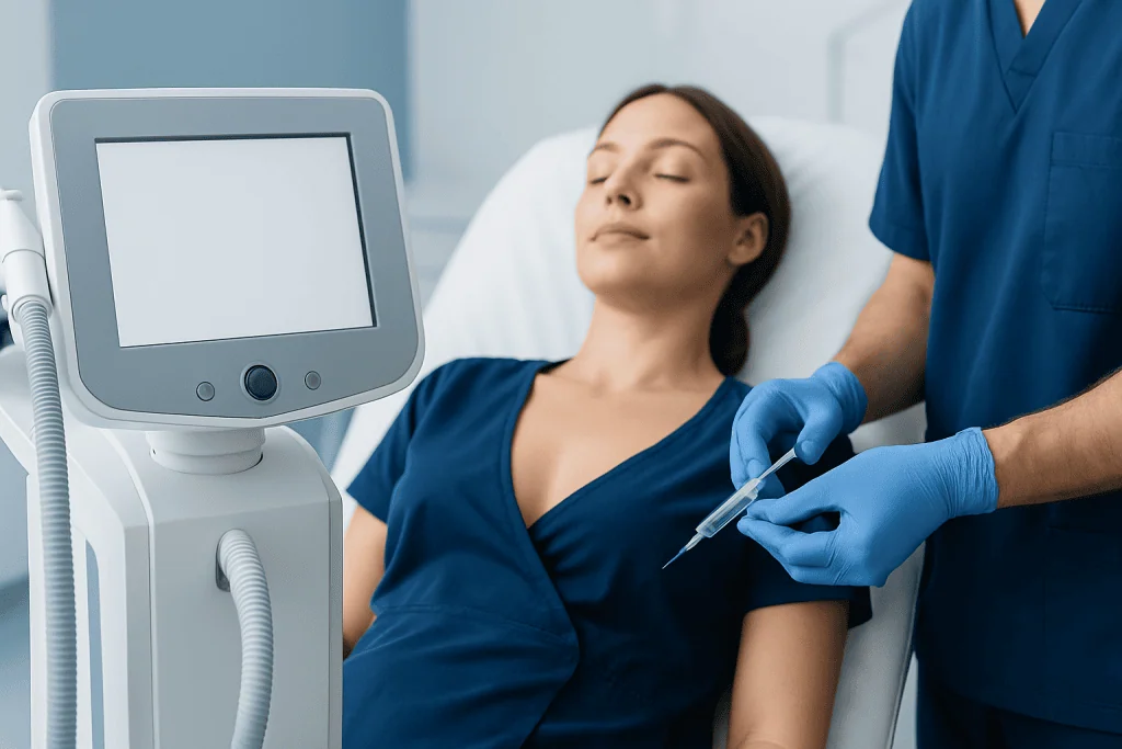 Patient receiving a cosmetic injection in a medical clinic setting.
