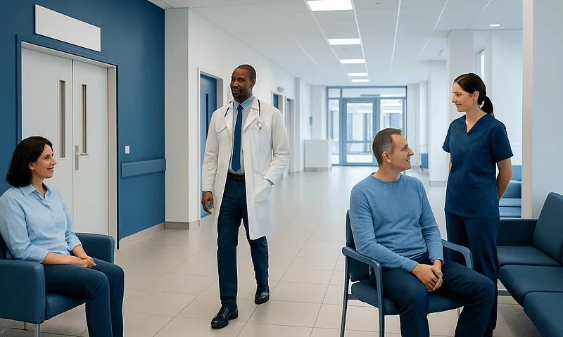 Hospital waiting area with patients and medical staff at Acibadem Hospitals Group.