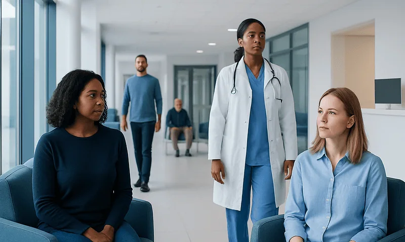 Medical consultation in hospital corridor with diverse patients and healthcare professional.