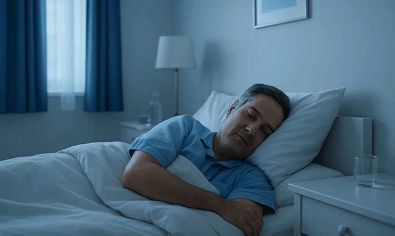 Man sleeping peacefully in a modern bedroom with blue curtains and soft lighting.