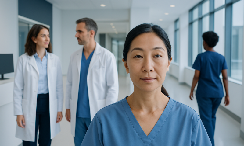 Medical professionals in a hospital corridor, including a woman in blue scrubs.