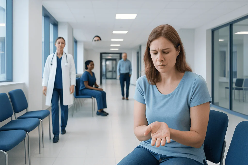 Cracked Skin — Explained by Medical Evidence, Not Myths 1 Woman with cracked skin examining her hand in a hospital corridor.