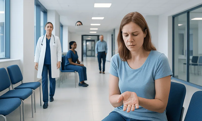Woman with cracked skin examining her hand in a hospital corridor.