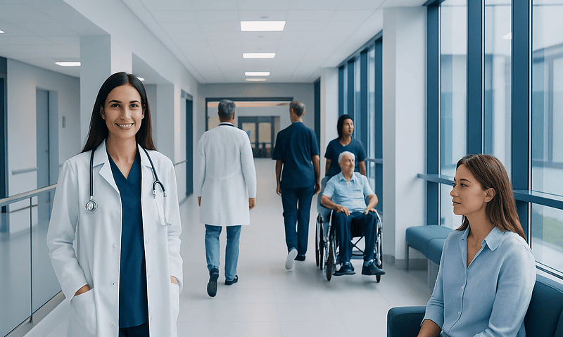 Healthcare professionals and patients in a modern hospital corridor.