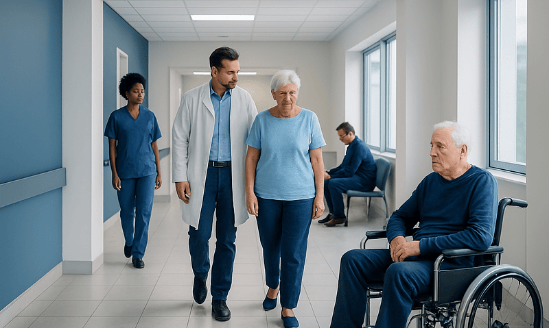 Healthcare professionals assisting elderly patients in a hospital corridor.