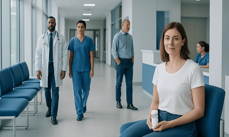 Diverse medical team in hospital corridor with patient sitting nearby.