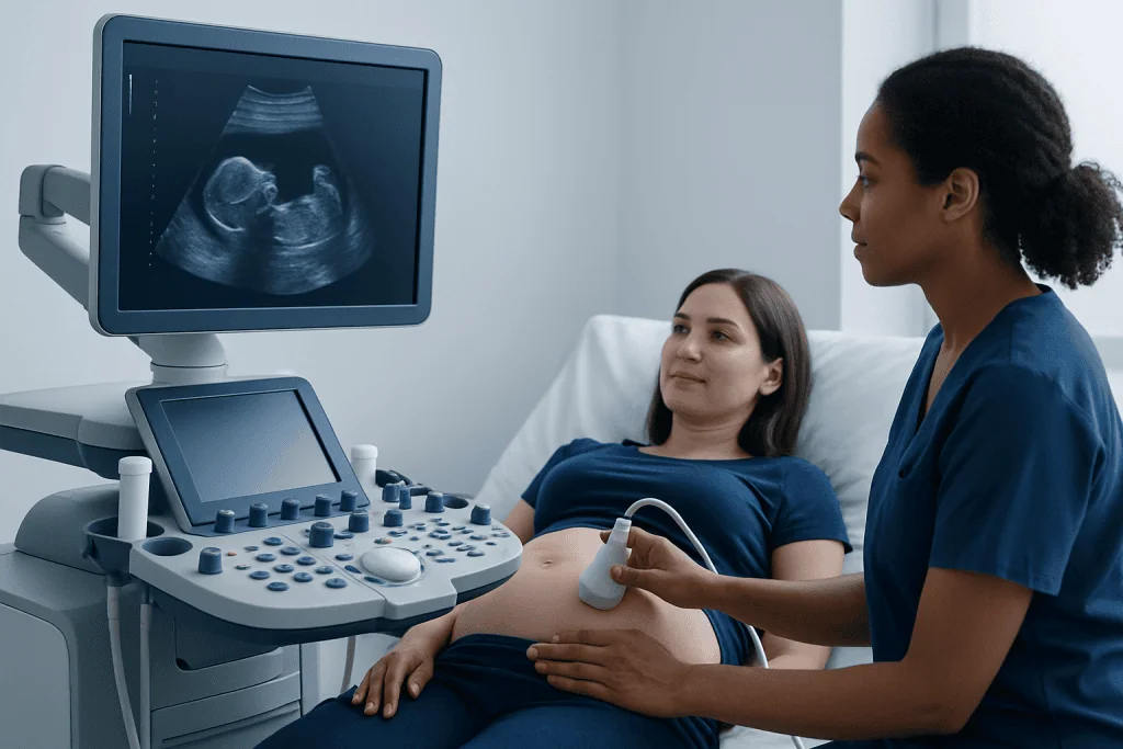 Pregnant woman having ultrasound scan at Acibadem Hospital.