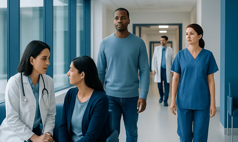 Healthcare professionals and patient in hospital corridor at Acibadem Hospitals Group.