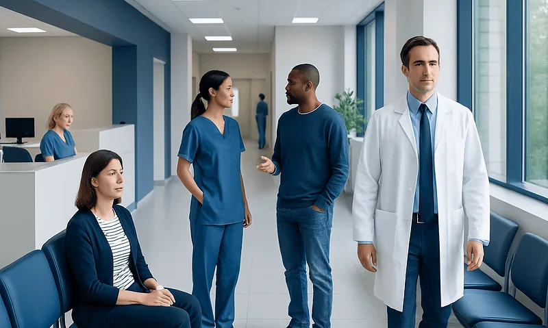 Medical professionals and a patient in a hospital corridor at Acibadem Hospitals Group.