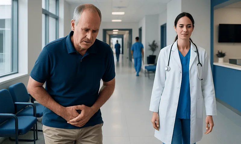 Patient experiencing discomfort in hospital corridor with medical staff nearby.