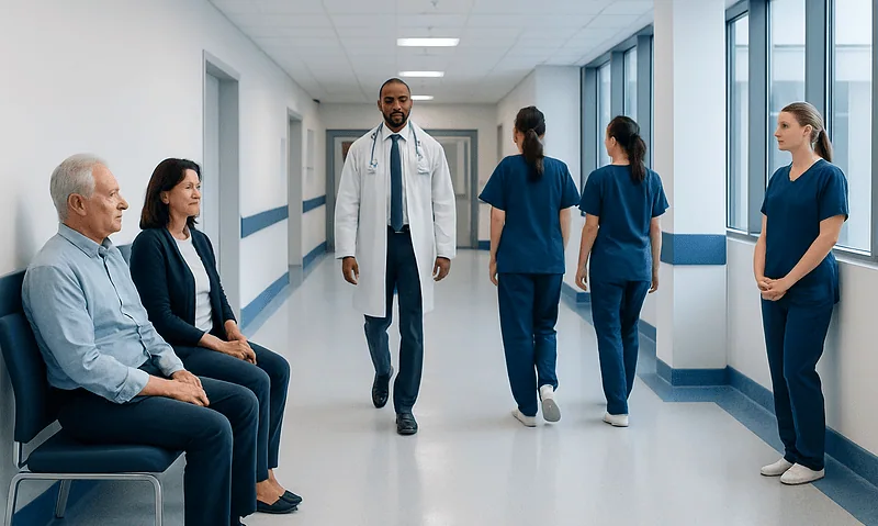 Medical team and patients in hospital corridor at Acibadem Hospitals Group.